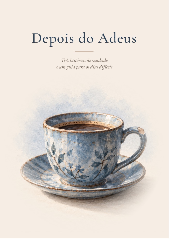 Capa do livro Depois do Adeus: uma chávena azul com flores, em aquarela