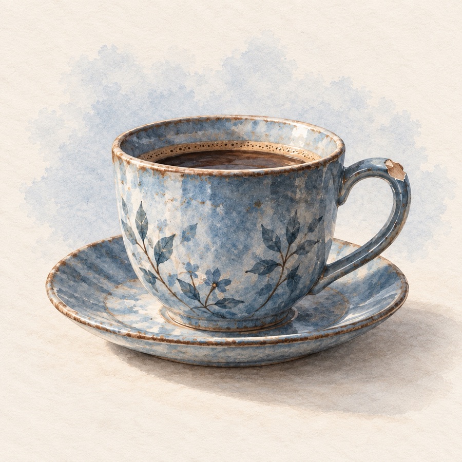 Chávena azul com a asa lascada, em aquarela